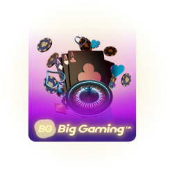 Big Gaming logo with playing cards, roulette wheel, and casino-themed graphics in vibrant colors.