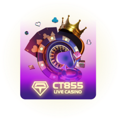 CT855 Live Casino logo featuring a roulette wheel, crown, playing cards, and vibrant casino-themed elements