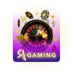 SA Gaming logo featuring a roulette wheel, playing cards, poker chips, and gold coins in a vibrant casino-themed design