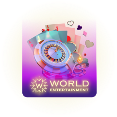 World Entertainment logo featuring a roulette wheel, playing cards, and vibrant casino-themed graphics with glowing effects